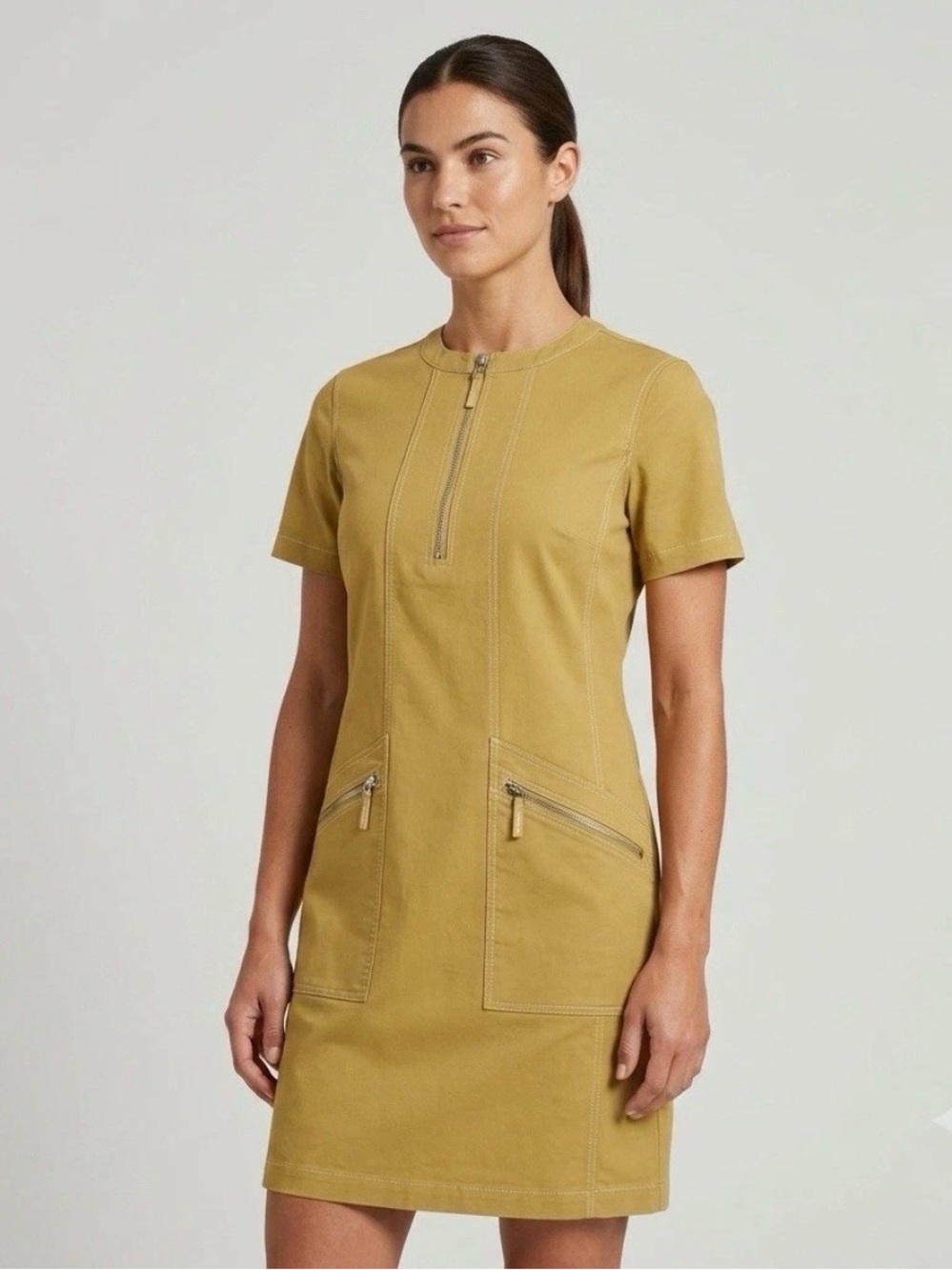Lafayette 148 New York Cotton Blend Zip Utility Shift Dress Mustard Yellow XS